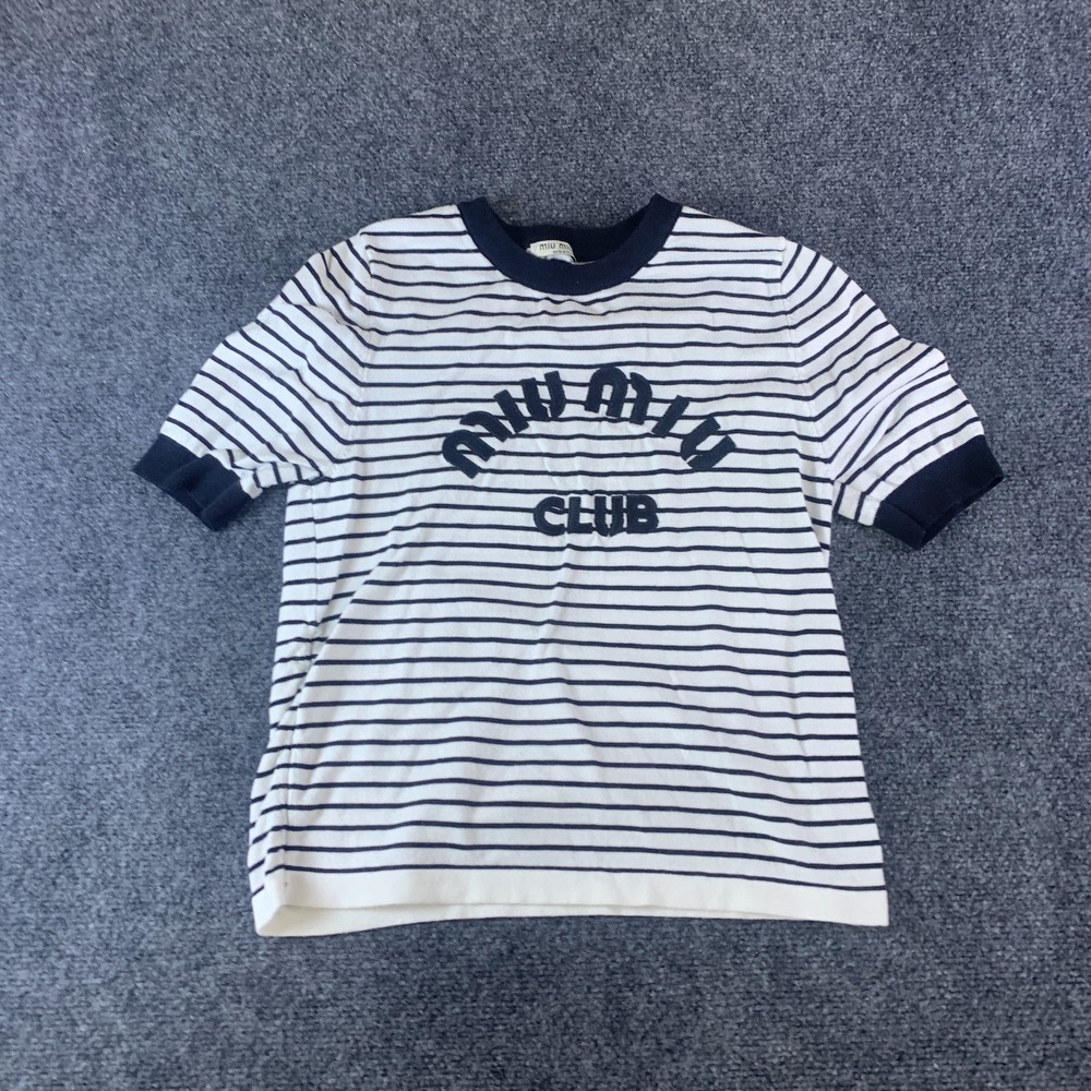 Miu Miu Club T-Shirt Womens Large White Black Striped Embroidered Logo Crew Neck